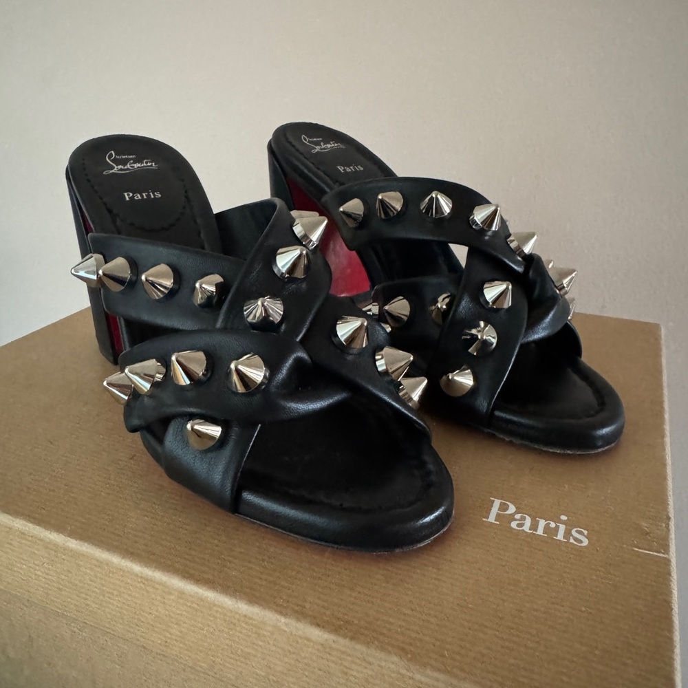 Christian Louboutin Black and Silver Studded Mules
